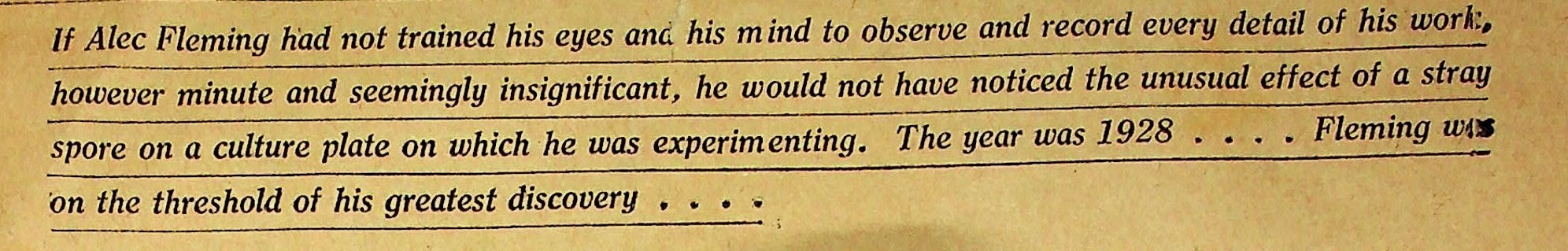 Newspaper headline explaining the importance of Alexander Fleming's habit of observation